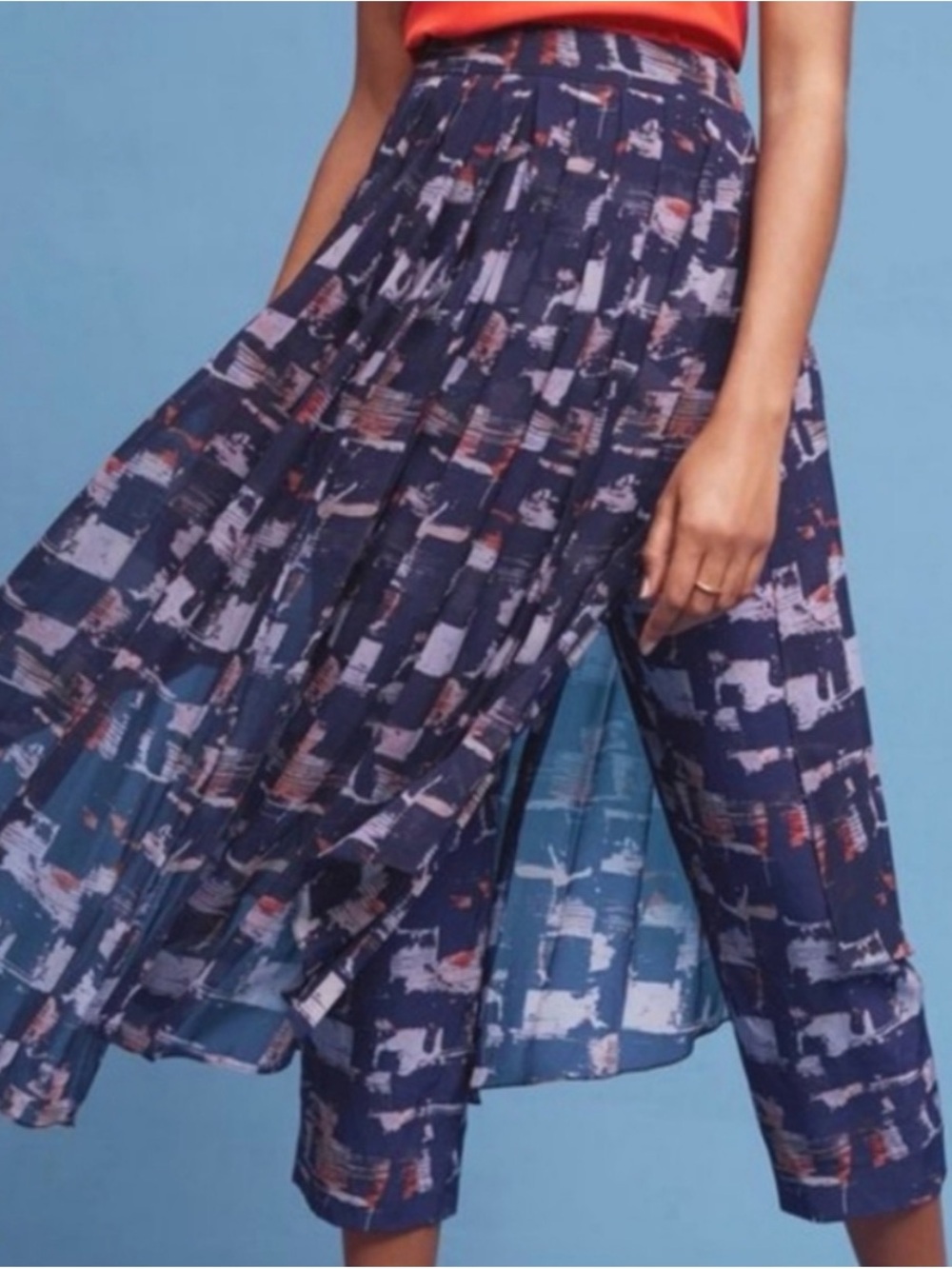 HD in Paris Navy & Coral Abstract Pleated Midi Skirt with Pants size 0 EUC